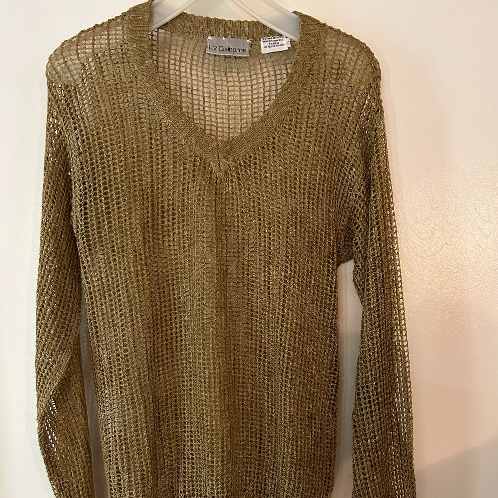 Vintage Liz Claiborne Mesh Pullover V-neck Sweater Gold/khaki